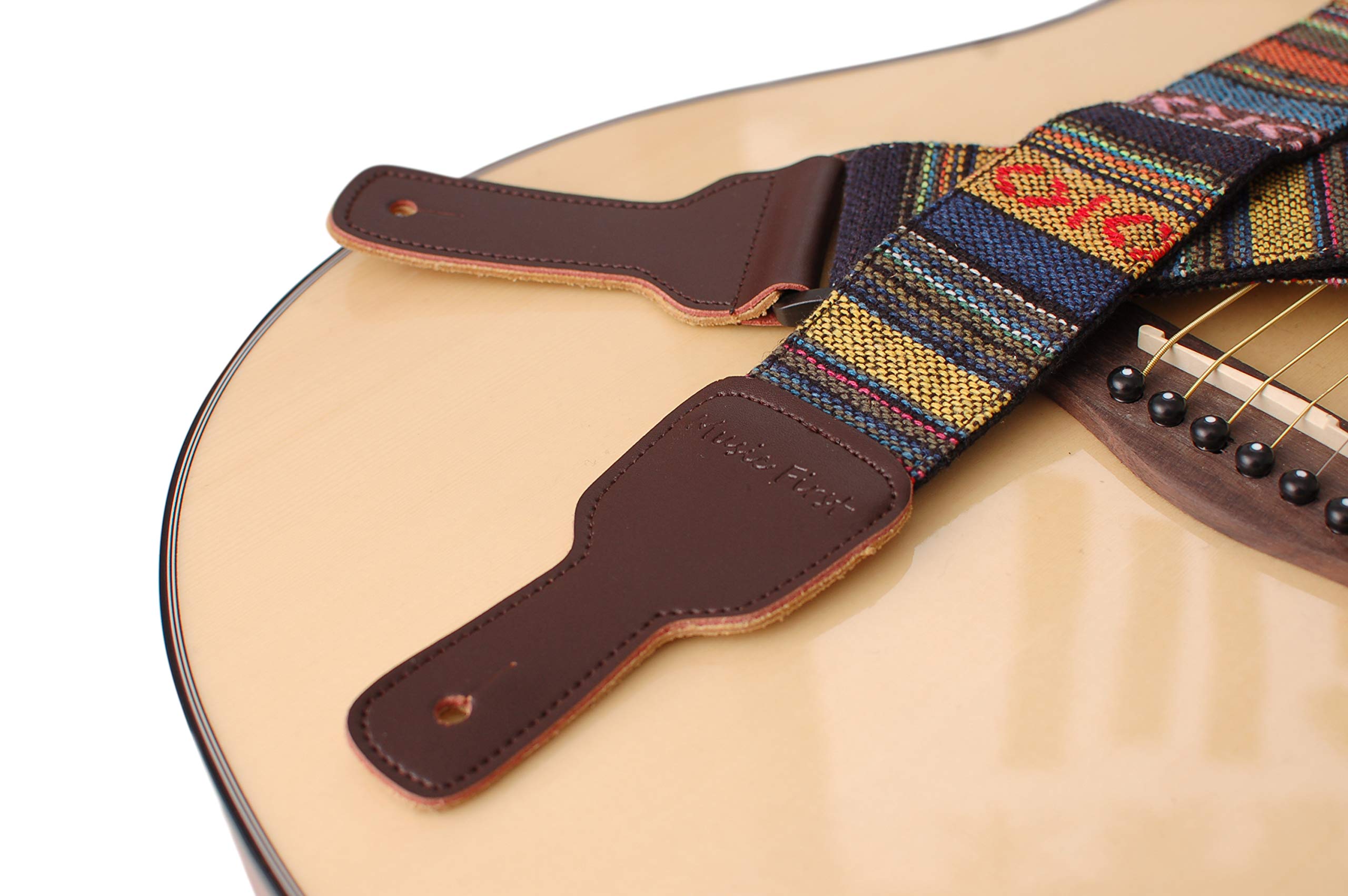 MUSIC FIRST Original Design, 2 inch width (5cm), Classic Country Style Yarn-dyed fabric & Genuine Leather Delux Banjo Strap, Wit